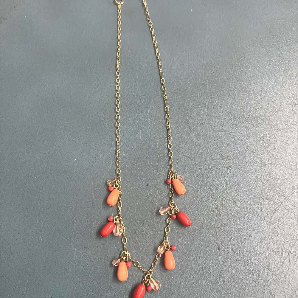 Retro Red and Coral Beaded Charm Necklace - Boho Gold Tone Jewelry